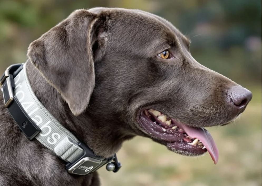 Side profile of a grey Labrador wearing a collar branded pro4labs, outdoors against a blurred green background.