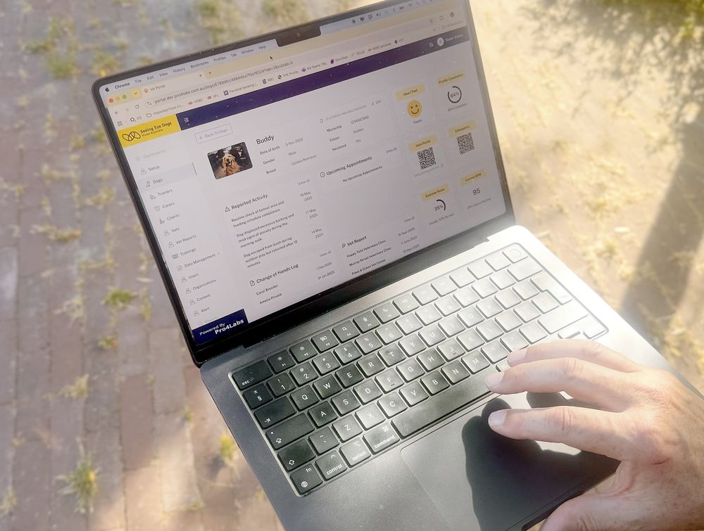 A person outdoors using the pro4labs dashboard on a laptop, showing the profile for a dog called Buddy alongside recent activity and upcoming appointments.